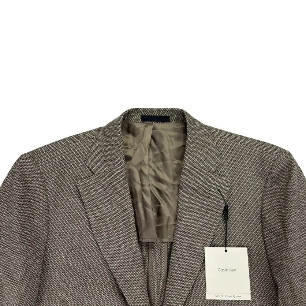 Calvin Klein Mens Slim Fit Wool Blend Textured Stretch Sport Coat Tan Brown 42L